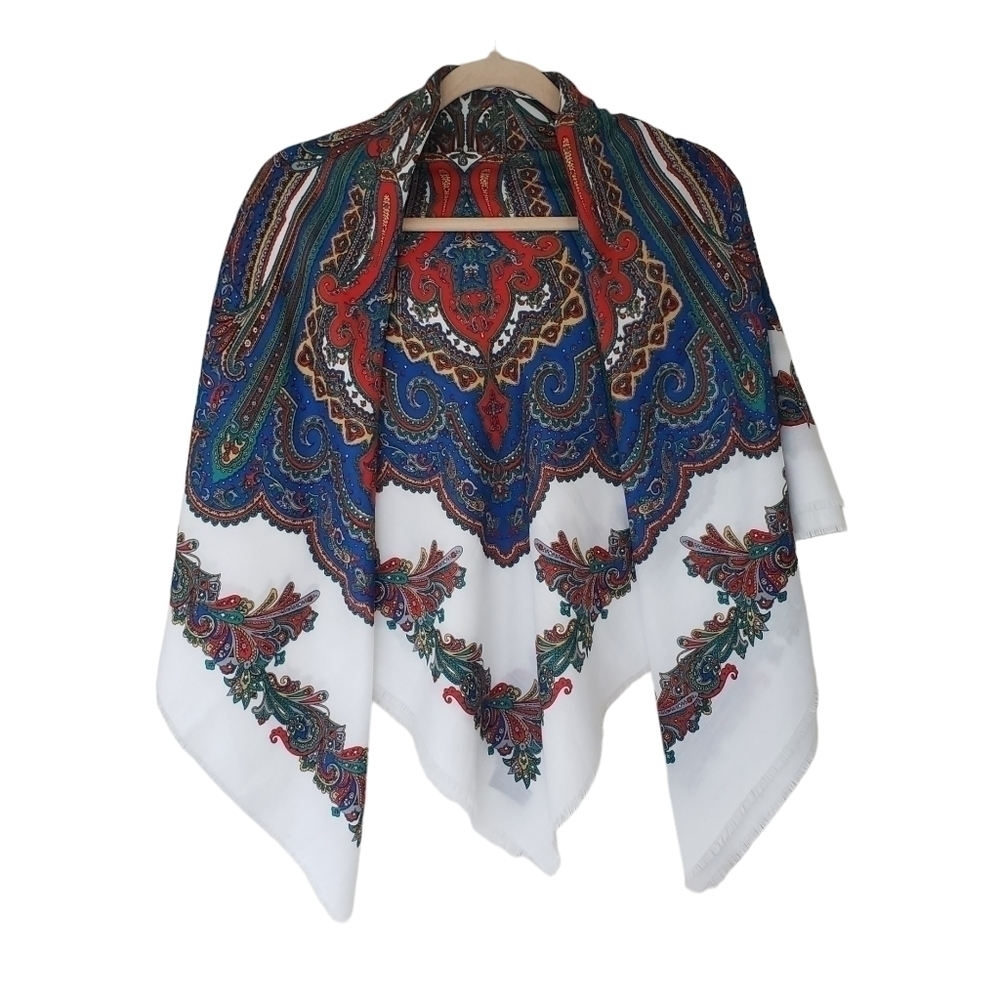 Vintage Italian Shawl Bright Paisley Print Raw Fringe Hem